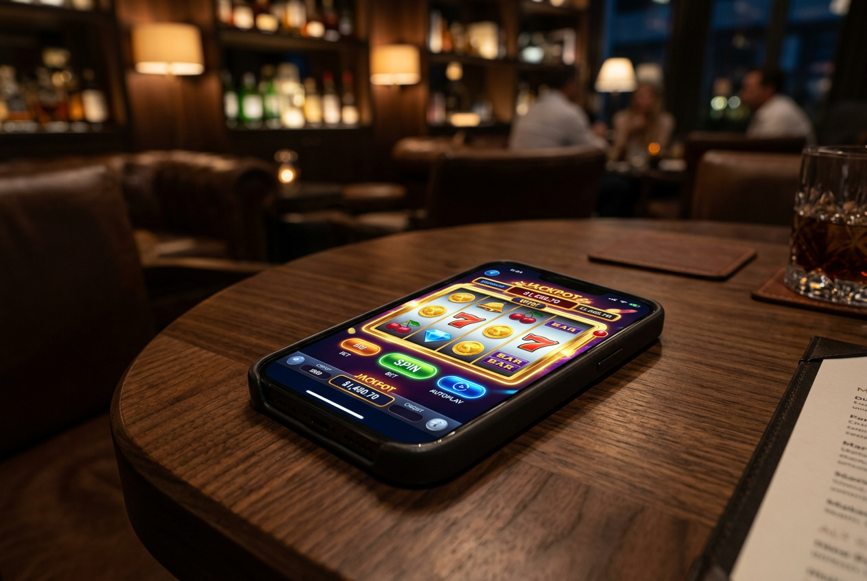 A modern smartphone displaying a colorful casino game interface on a wooden table.