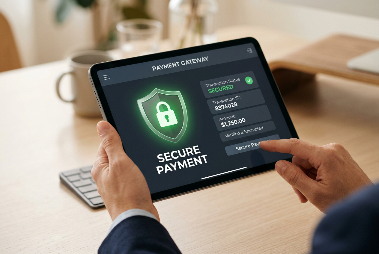 A person holding a tablet showing a secure payment confirmation and a shield icon.